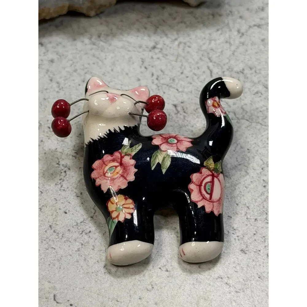 Amy Lacombe Floral Cat Pin brooch whimsical clay artist artisan jewelry